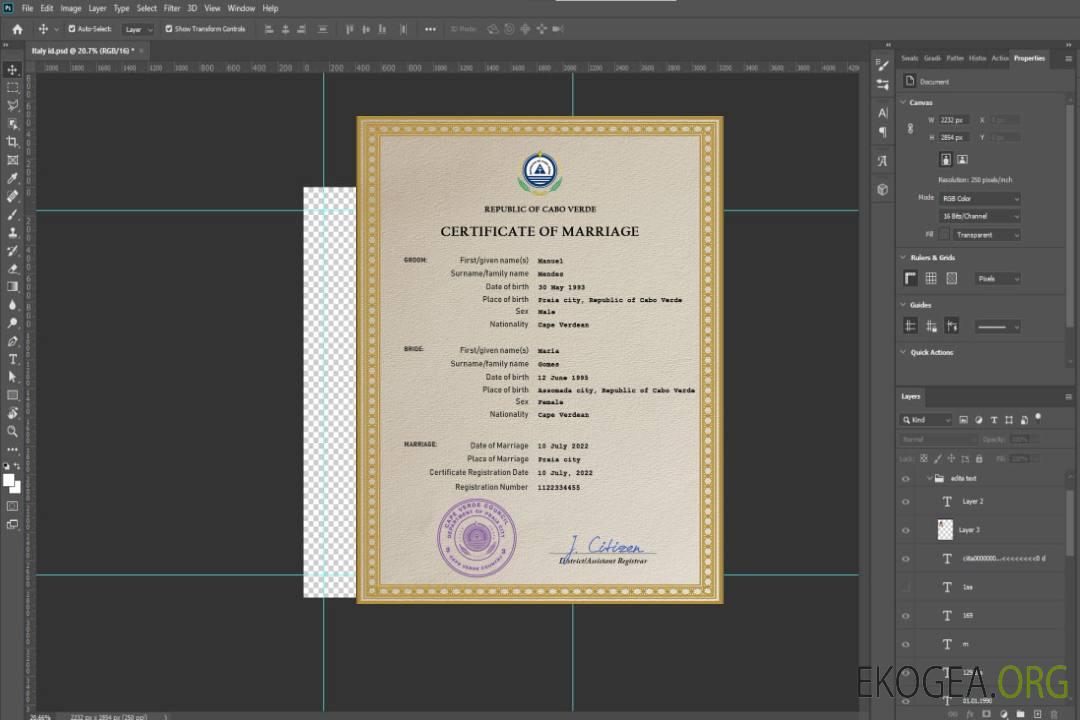 Modèle PSD de certificat de mariage au Cap-Vert template